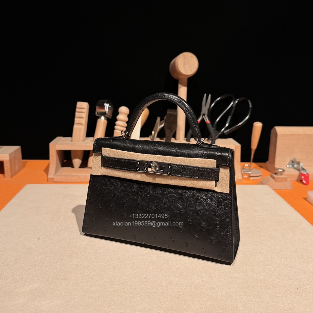 Hermès Mini Kelly Sellier II 20 in Ostrich Leather  Black