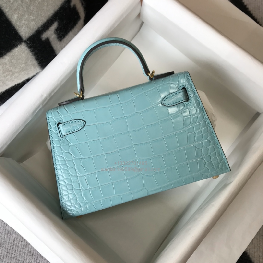 Hermès Mini Kelly in Crocodile Leather, Fully Handmade Premium Private Customization –Macaw Blue