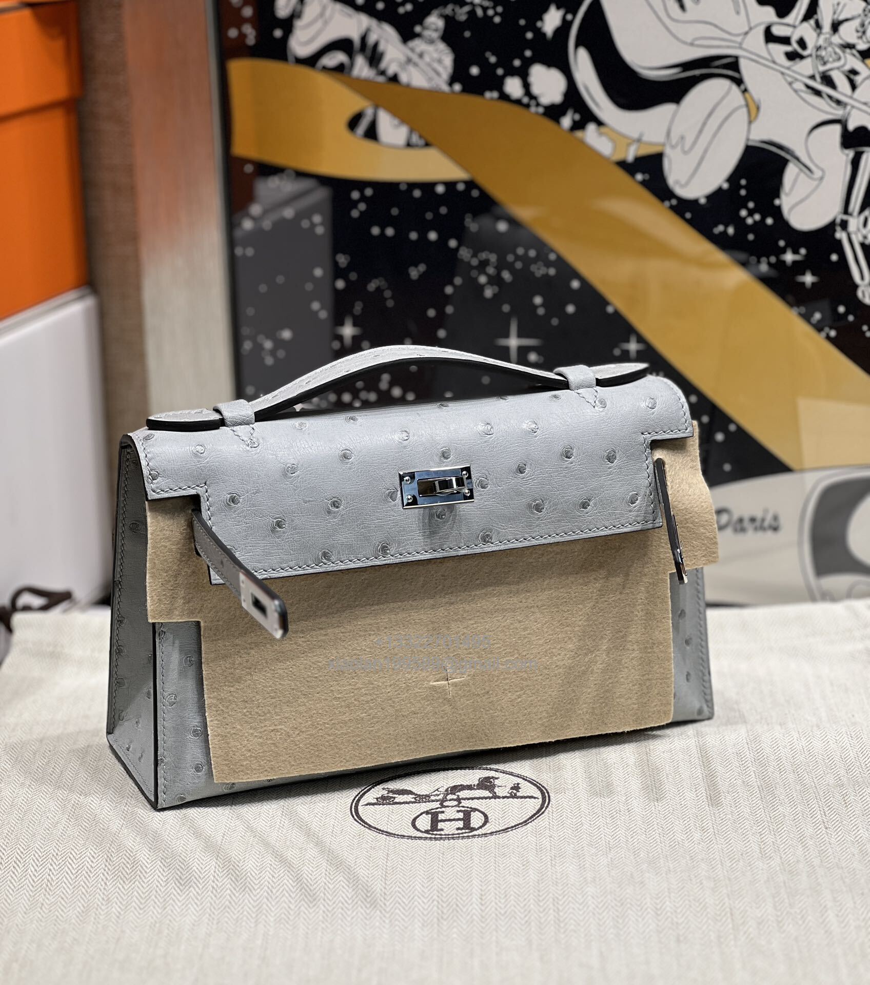 Hermès Kelly Pochette Clutch Bag, South African KK ostrich leather, fully handmade haute couture – Glacier Blue