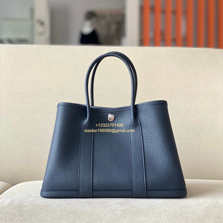 Hermès Garden Party 30/36 Bag in Negonda Calfskin, Color: Deep Sea Blue.