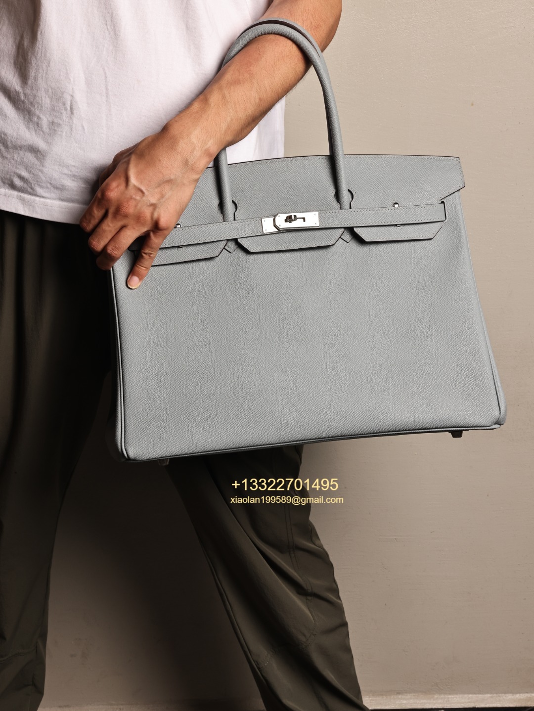 Men's Exclusive Hermès Birkin 40cm, Imported Original Factory Epsom Leather in Misty Blue Synchronize with Boutique, Purely Handcrafted with Waxed Thread Stitching, Pure Steel Hardware, High-End Customization