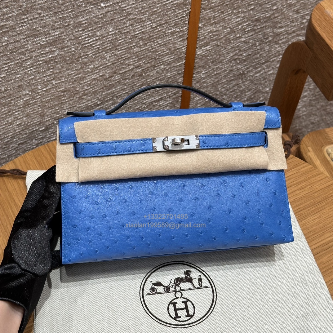 Hermès Kelly Pochette Clutch Bag, South African KK ostrich leather, fully handmade haute couture – O7/Bleuet
