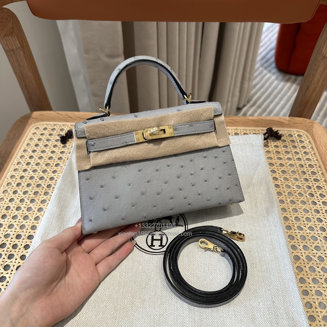 Hermès Mini Kelly Sellier II 20 in Ostrich Leather  8U/Blue glacier