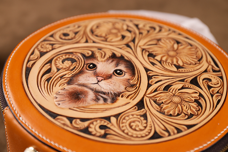 New Chinese-style Round Bag, Handcrafted Leather Carving, Luxury Women's Handbag, Trendy Niche Shoulder and Crossbody Bag.