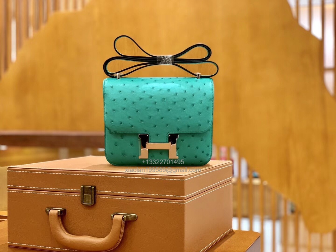 Hermès Constance 18/24 in Ostrich Leather, Premium Fully Handmade Exclusive Customization –Lagoon Green