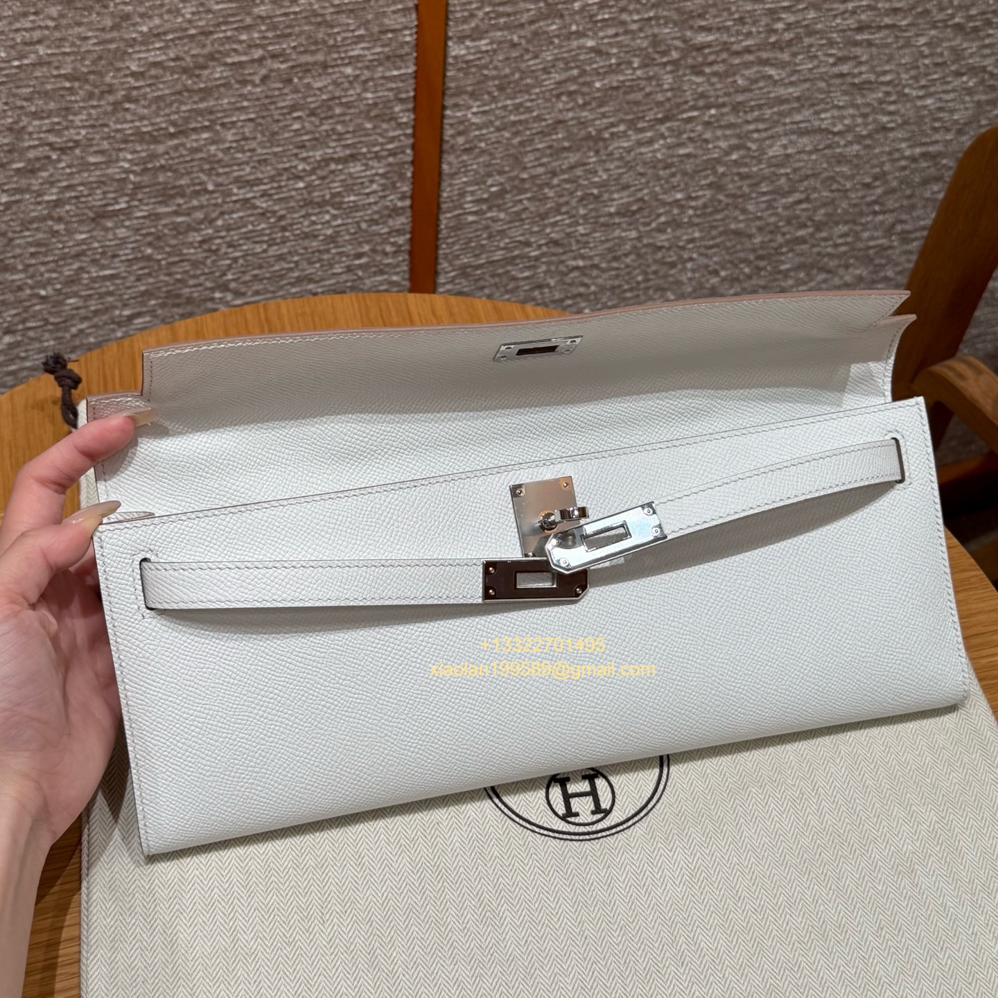 Hermès Kelly Cut Clutch in M4 Gris Pale, made from original French-imported Swift leather. Premium fully handcrafted exclusive customization.