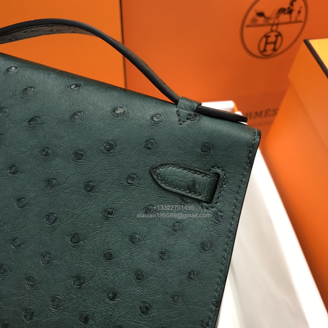 Hermès Kelly Pochette Clutch Bag, South African KK ostrich leather, fully handmade haute couture – Dark Green