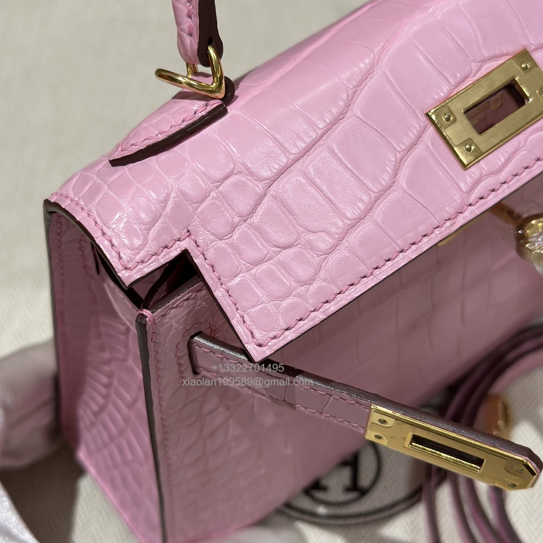 Hermès Mini Kelly in Crocodile Leather, Fully Handmade Premium Private Customization –Sakura Pink