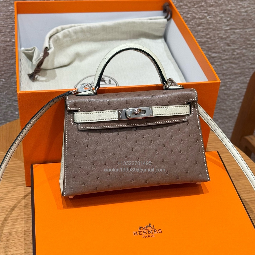 Hermès Mini Kelly Sellier II 20 in Ostrich Leather 81/Girs tourtelle and 8L/Beton