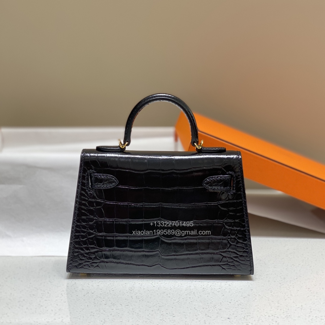 Hermès Mini Kelly in Crocodile Leather, Fully Handmade Premium Private Customization –Black
