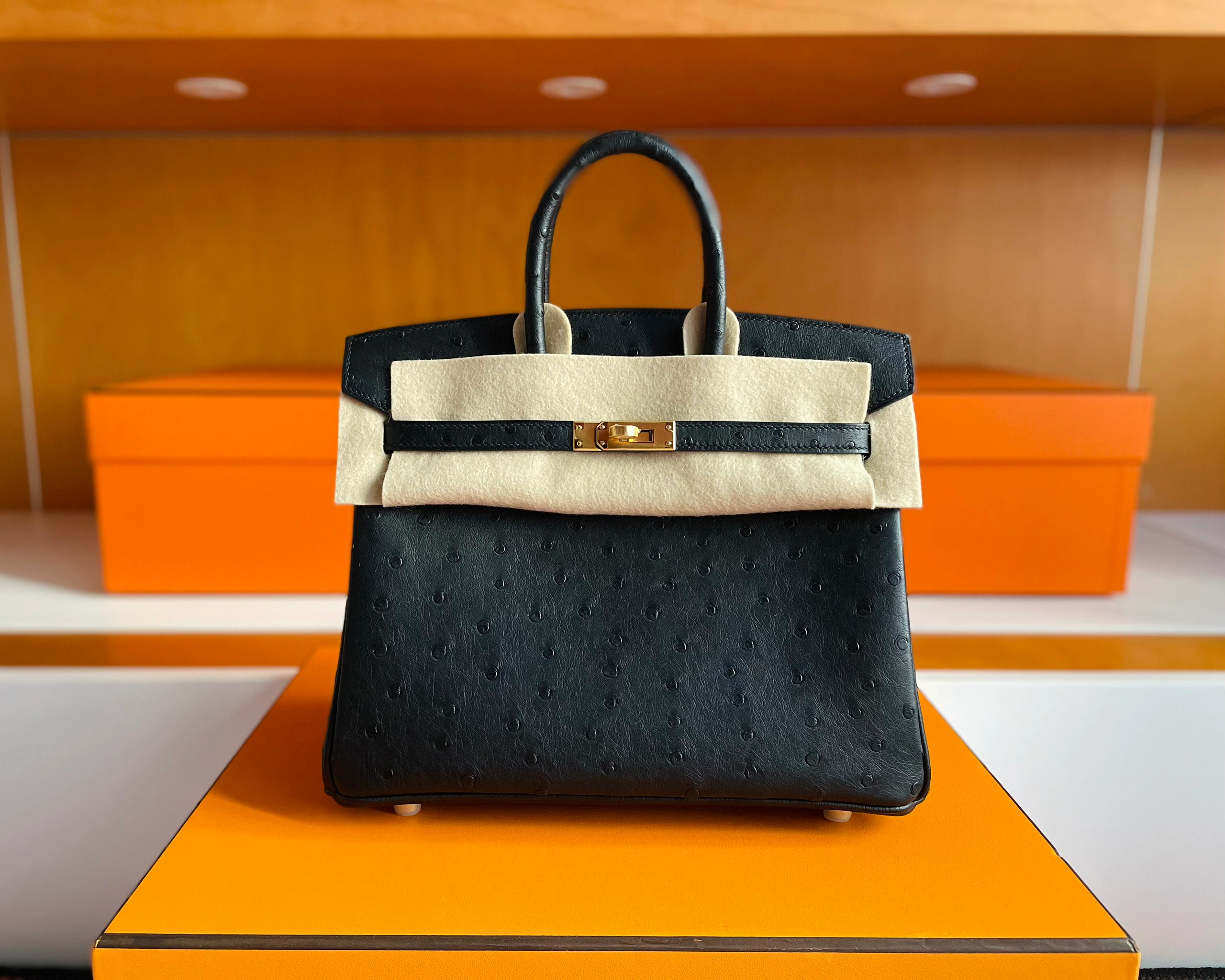 Birkin 25/30/35cm South African KK Ostrich Leather, Premium Fully Handcrafted Exclusive Custom –black