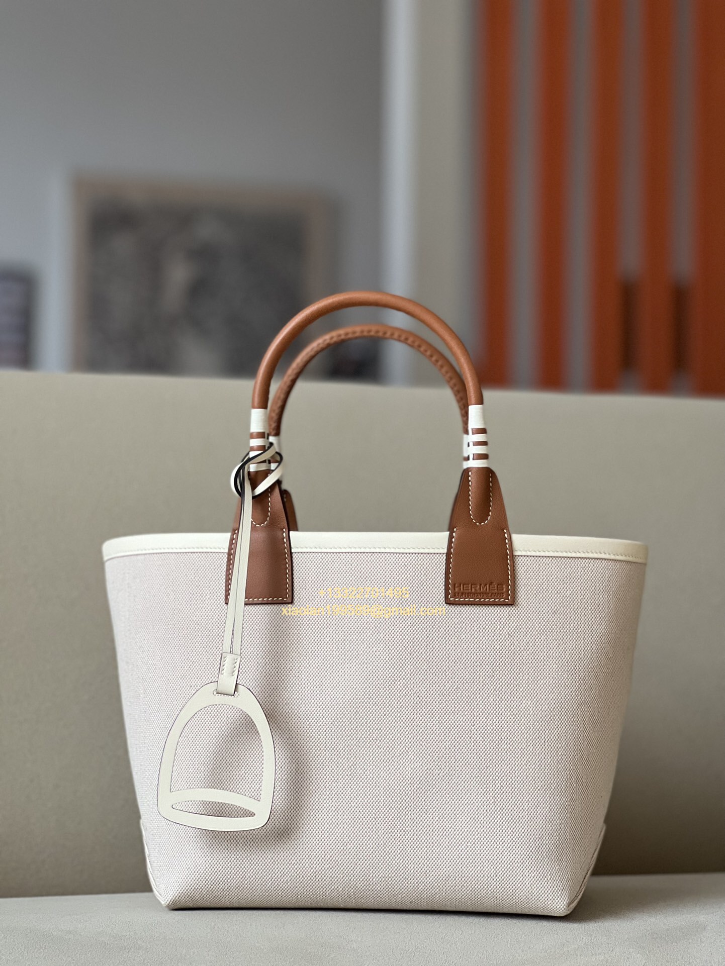 Hermès Steeple 25 Bag in H Canvas and Swift Calfskin – Cement Gray / CK37 Gold Brown.