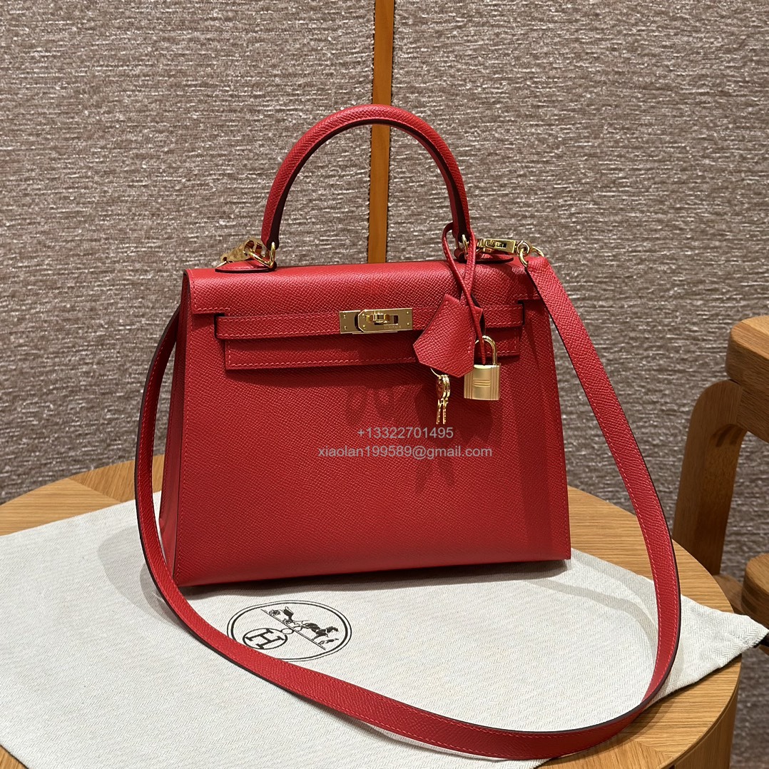 Hermès Kelly Handbag in Flag Red Epsom Cowhide Leather, Purely Handcrafted, High-End Customization Edition