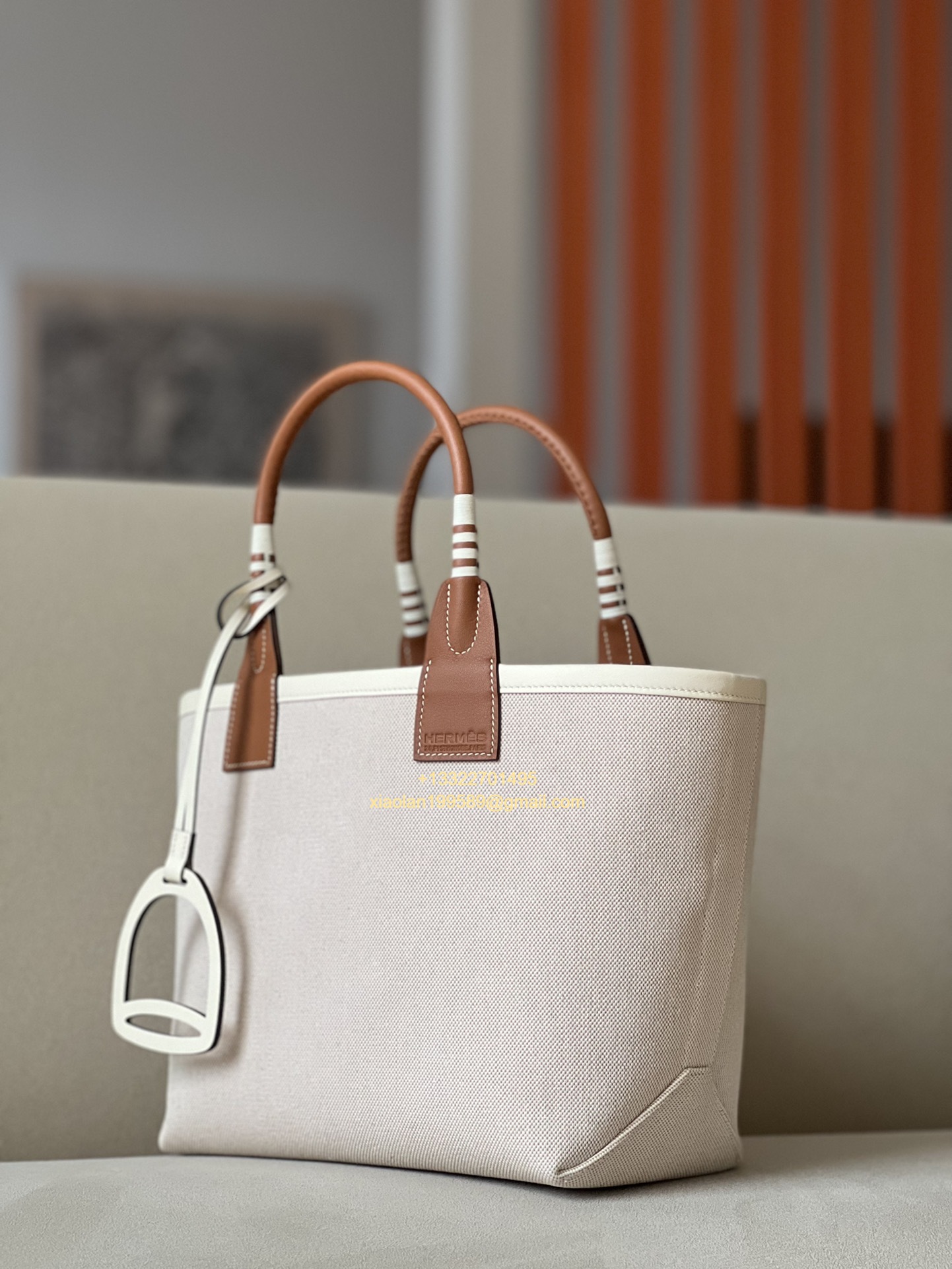 Hermès Steeple 25 Bag in H Canvas and Swift Calfskin – Cement Gray / CK37 Gold Brown.