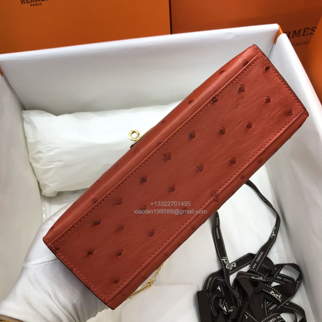 Hermès Kelly Pochette Clutch Bag, South African KK ostrich leather, fully handmade haute couture – Chinese Red