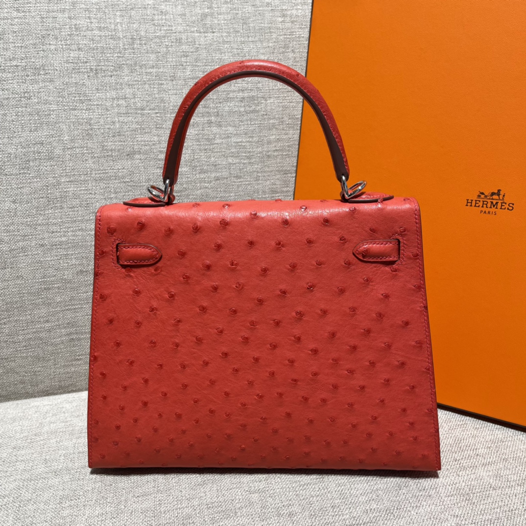 Kelly 25/28/32cm South African KK Ostrich Leather, Premium Fully Handcrafted Exclusive Custom –Flag Red