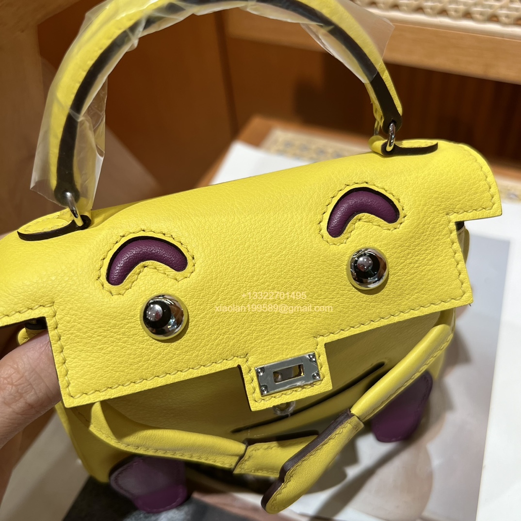 Hermès Kelly Doll Quelle Idole Picto Bag, Limited Edition in Lemon Yellow, crafted from Swift Leather.