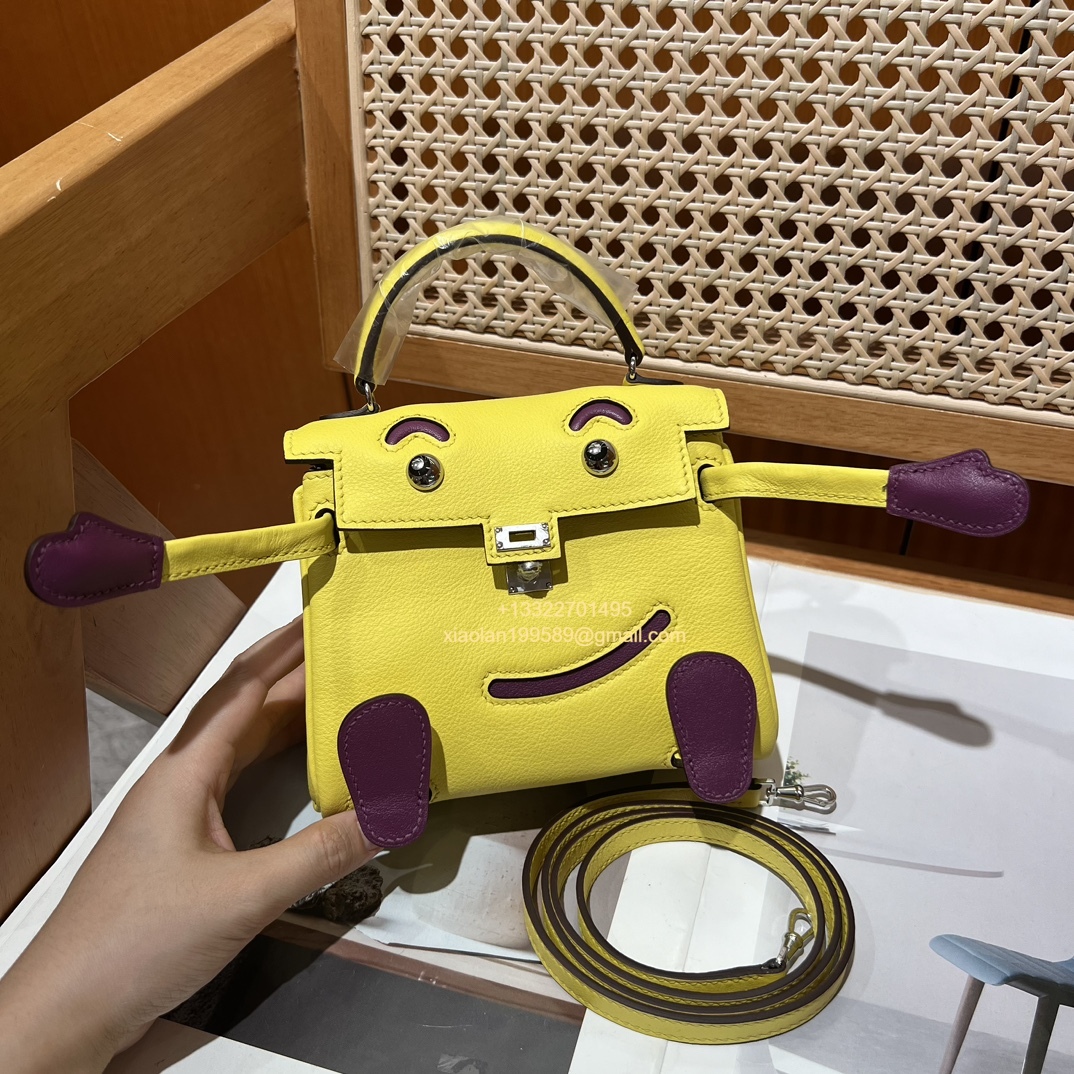 Hermès Kelly Doll Quelle Idole Picto Bag, Limited Edition in Lemon Yellow, crafted from Swift Leather.