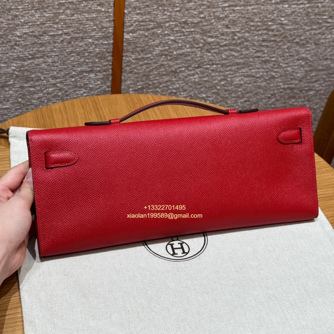 Hermès Kelly Cut Clutch in Bright Red, made from original French-imported Epsom leather. Premium fully handcrafted exclusive customization.
