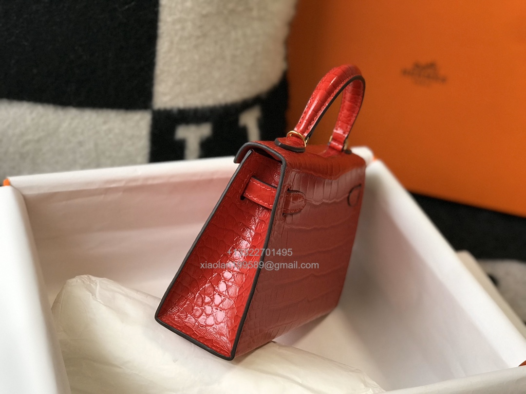Hermès Mini Kelly in Crocodile Leather, Fully Handmade Premium Private Customization – Flag Red