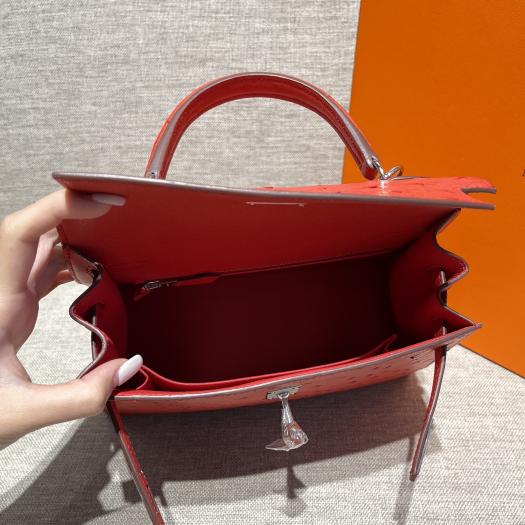 Kelly 25/28/32cm South African KK Ostrich Leather, Premium Fully Handcrafted Exclusive Custom –Flag Red