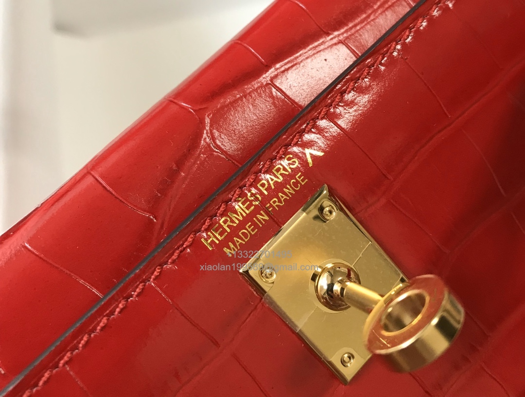 Hermès Mini Kelly in Crocodile Leather, Fully Handmade Premium Private Customization – Flag Red