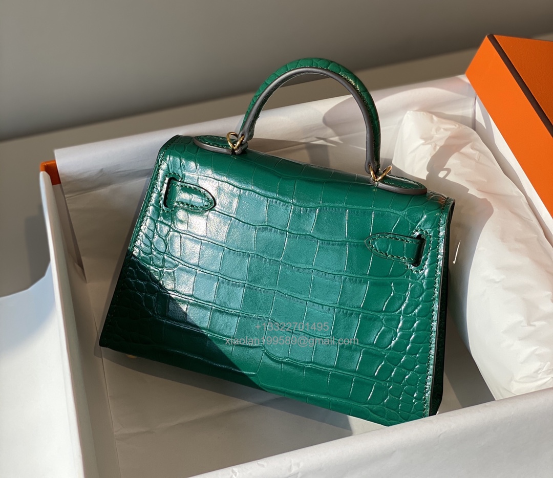 Hermès Mini Kelly in Crocodile Leather, Fully Handmade Premium Private Customization –Emerald Green