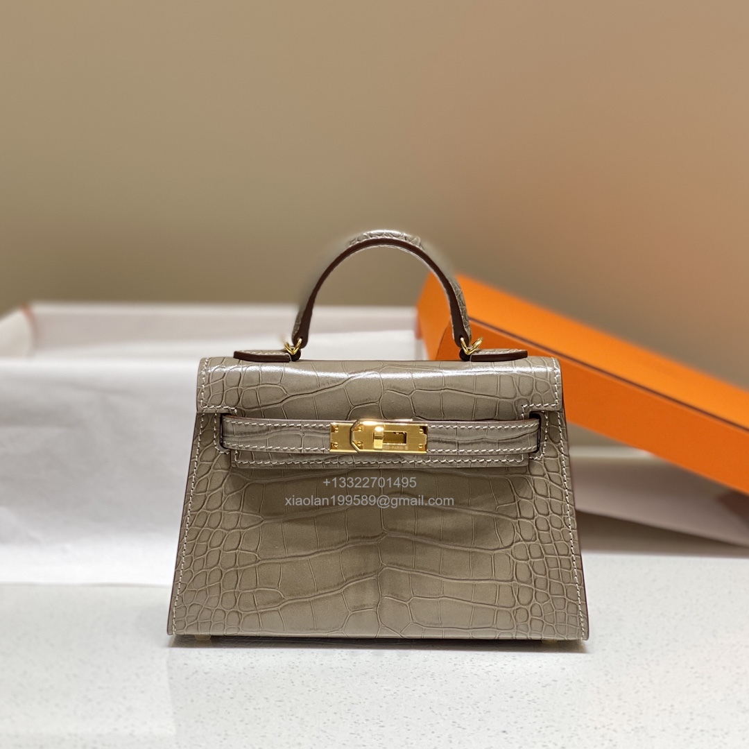 Hermès Mini Kelly in Crocodile Leather, Fully Handmade Premium Private Customization – Etoupe