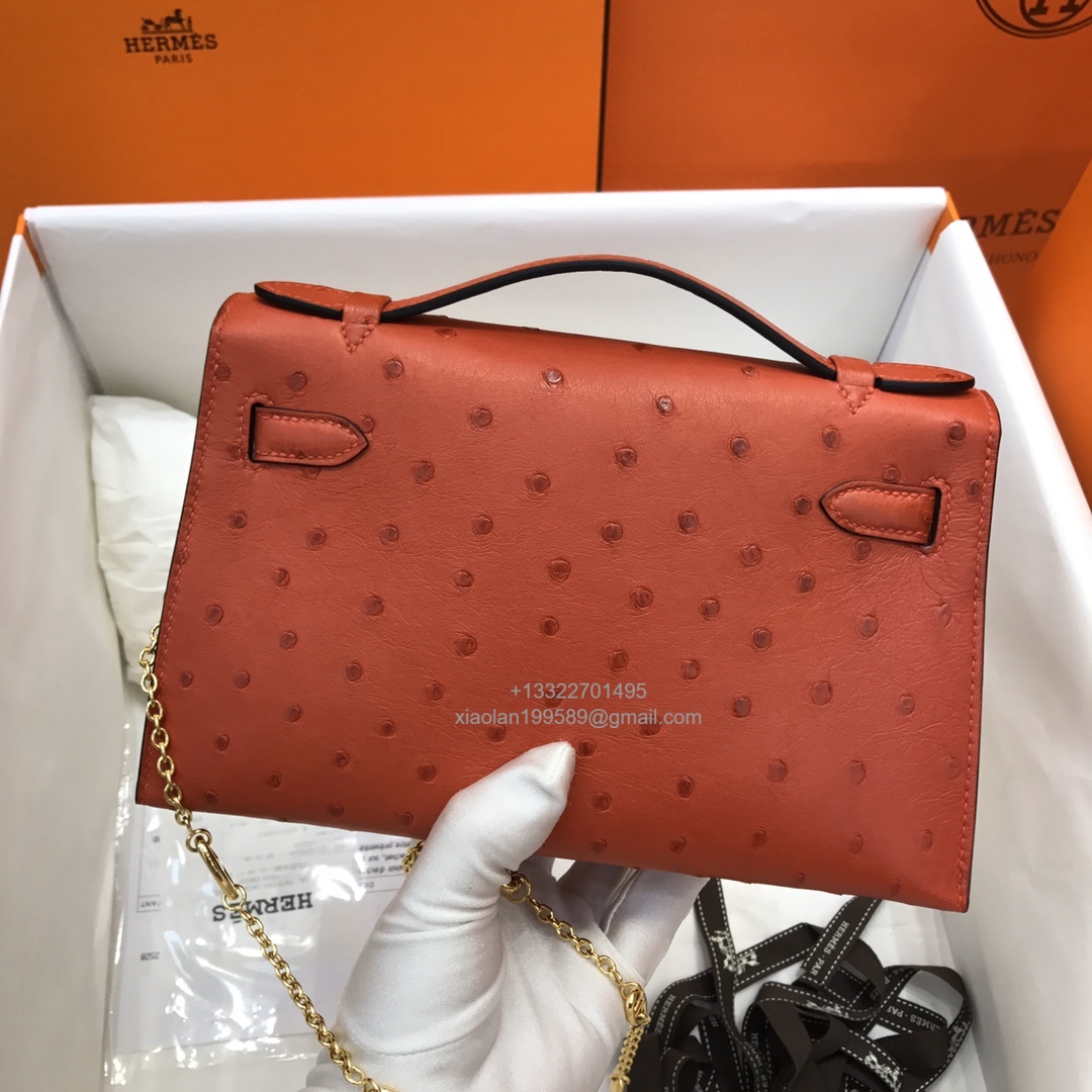Hermès Kelly Pochette Clutch Bag, South African KK ostrich leather, fully handmade haute couture – Chinese Red