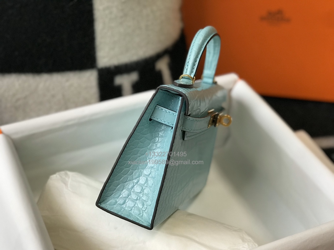 Hermès Mini Kelly in Crocodile Leather, Fully Handmade Premium Private Customization –Macaw Blue