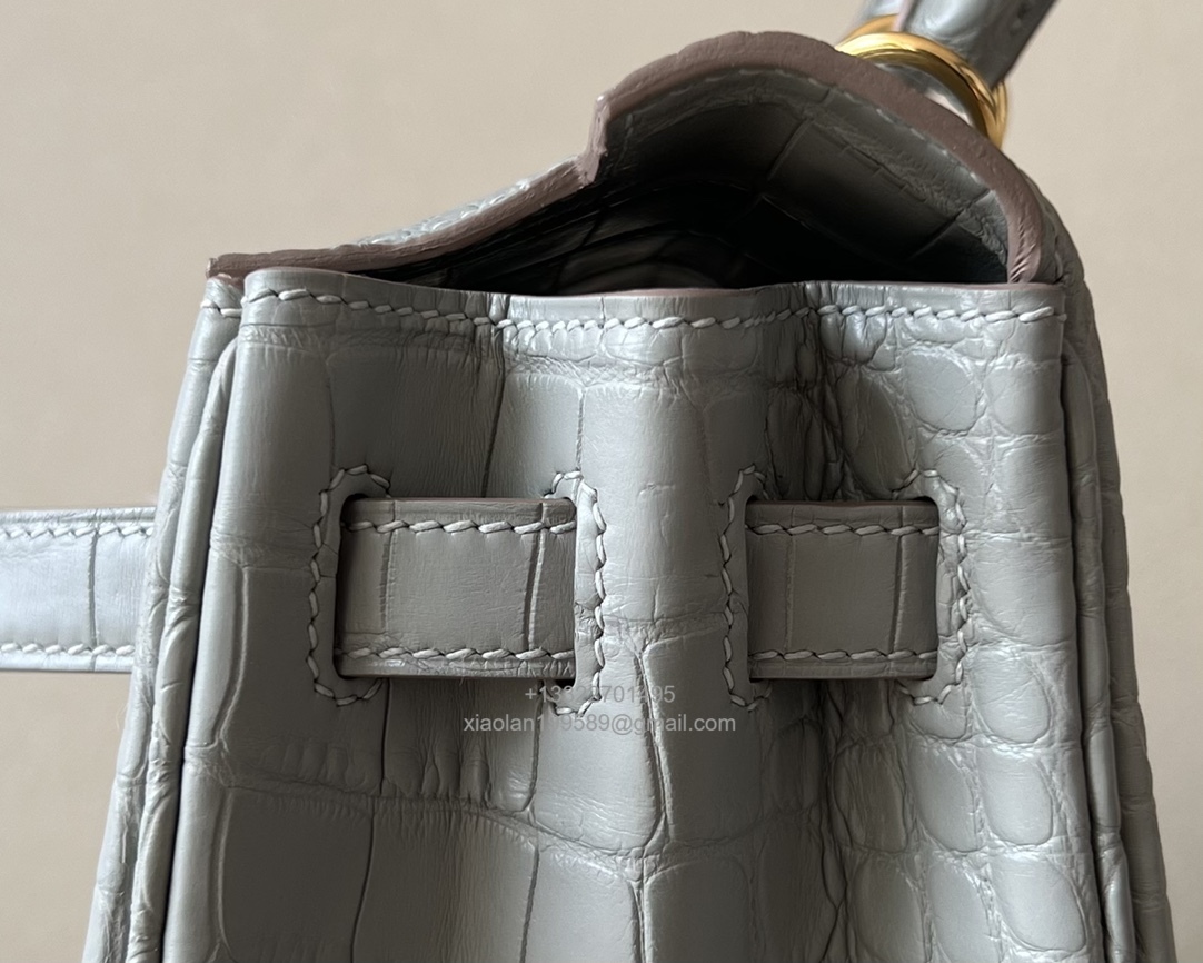 Hermès Kelly 25/28/32cm in Crocodile Leather, Fully Handmade Premium Private Customization-Pearl Grey