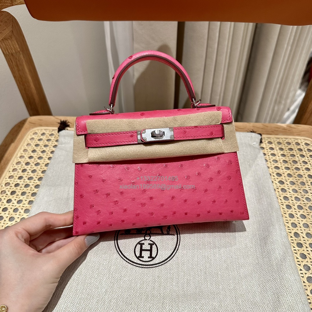 Hermès Mini Kelly Sellier II 20 in Ostrich Leather  E5/Rose Tyrien