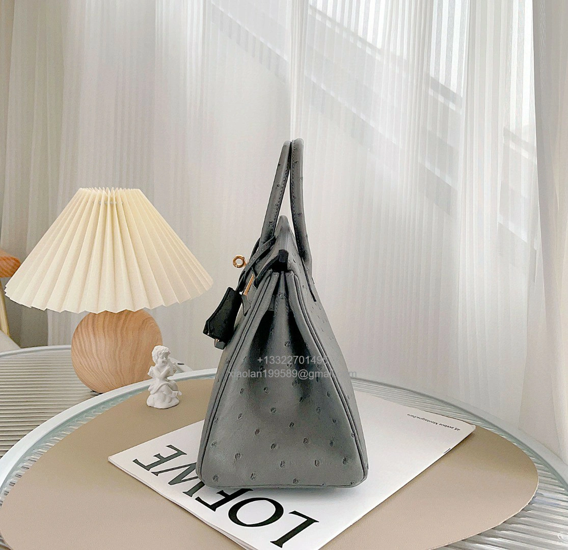 Birkin 25/30/35cm South African KK Ostrich Leather, Premium Fully Handcrafted Exclusive Custom –Nata Grey