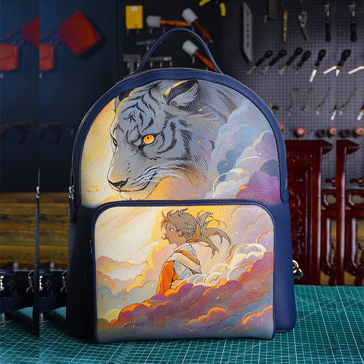 Handcrafted Leather Painted Backpack, Men's and Women's Anime and Chinese Trendy Student Bag, New Chinese-style Bag.