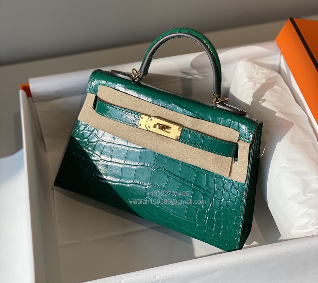 Hermès Mini Kelly in Crocodile Leather, Fully Handmade Premium Private Customization –Emerald Green