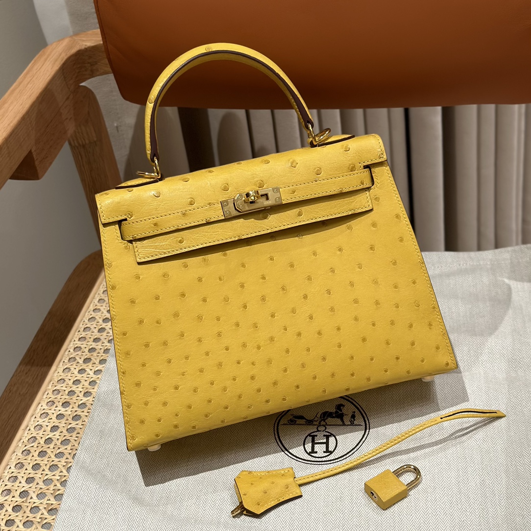 Kelly 25/28/32cm South African KK Ostrich Leather, Premium Fully Handcrafted Exclusive Custom –Jaune De Naples