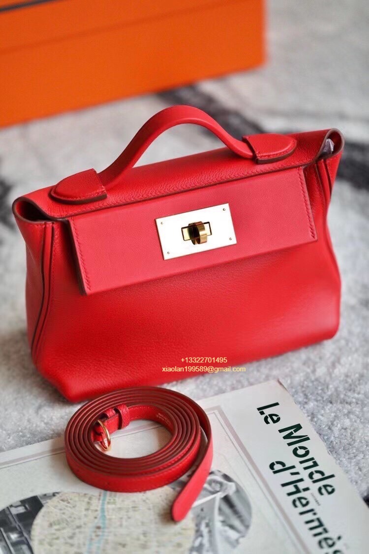 Hermès 24/24 Mini-21 Bag in Evercolor and Swift Leather, Red, Top-tier 1:1 Handmade Craftsmanship.