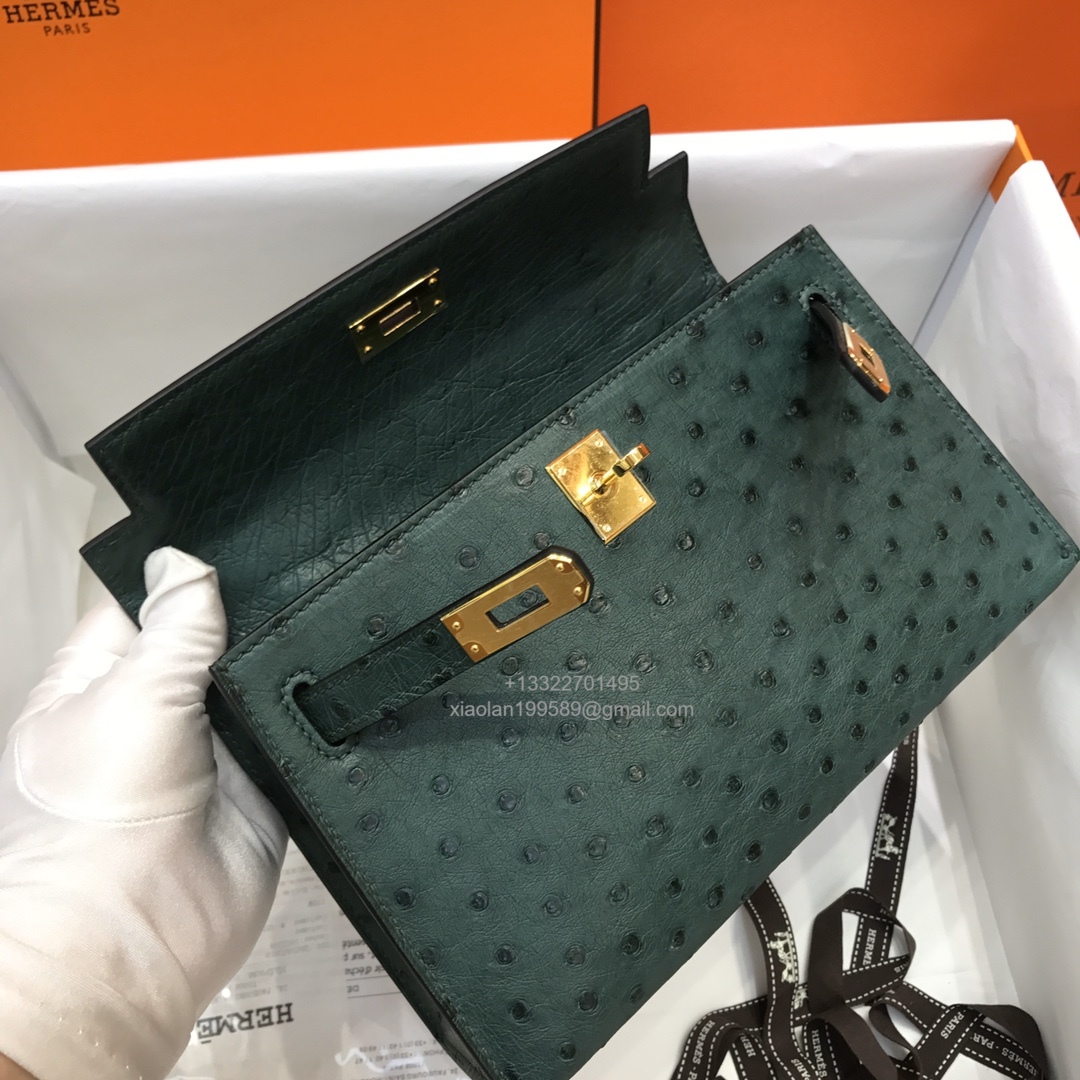 Hermès Kelly Pochette Clutch Bag, South African KK ostrich leather, fully handmade haute couture – Dark Green