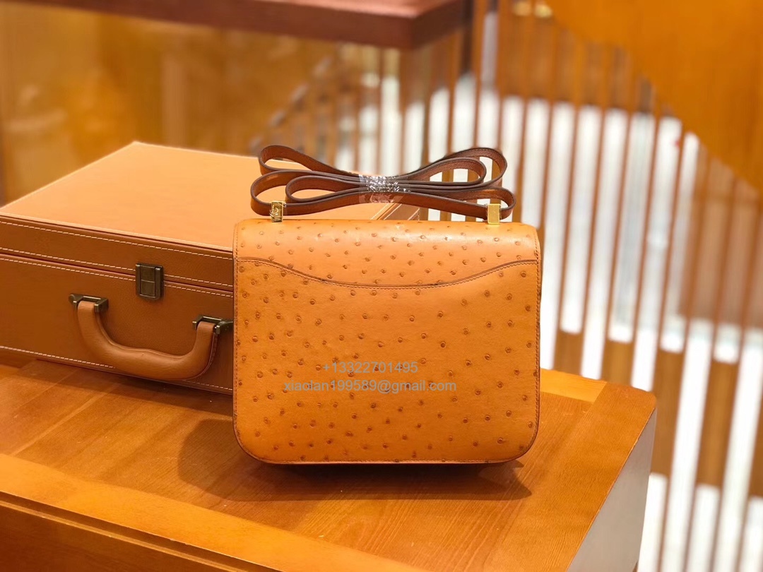 Hermès Constance 18/24 in Ostrich Leather, Premium Fully Handmade Exclusive Customization –Gold Brown