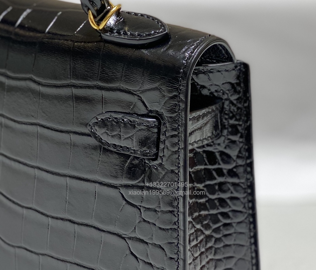Hermès Mini Kelly in Crocodile Leather, Fully Handmade Premium Private Customization –Black