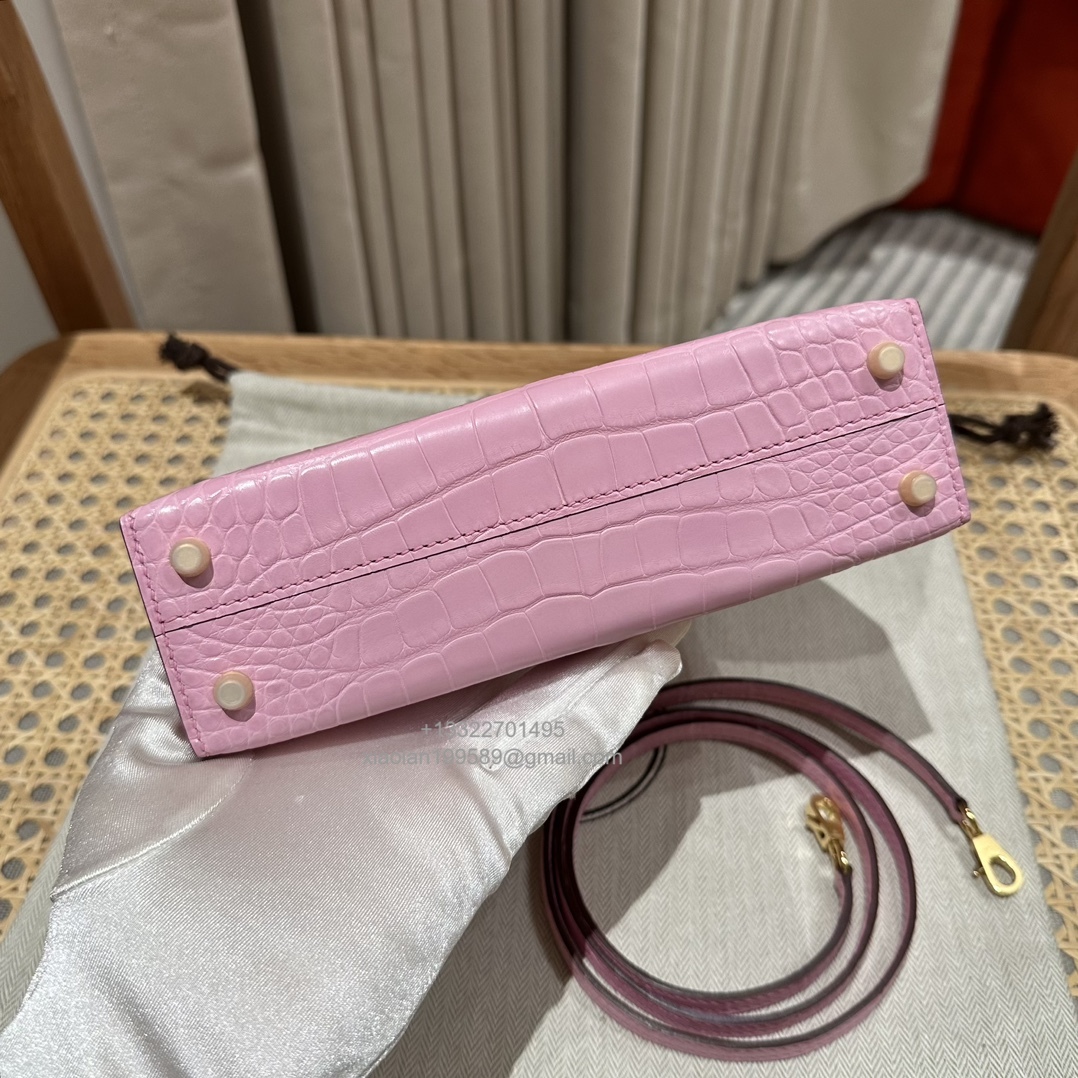 Hermès Mini Kelly in Crocodile Leather, Fully Handmade Premium Private Customization –Sakura Pink