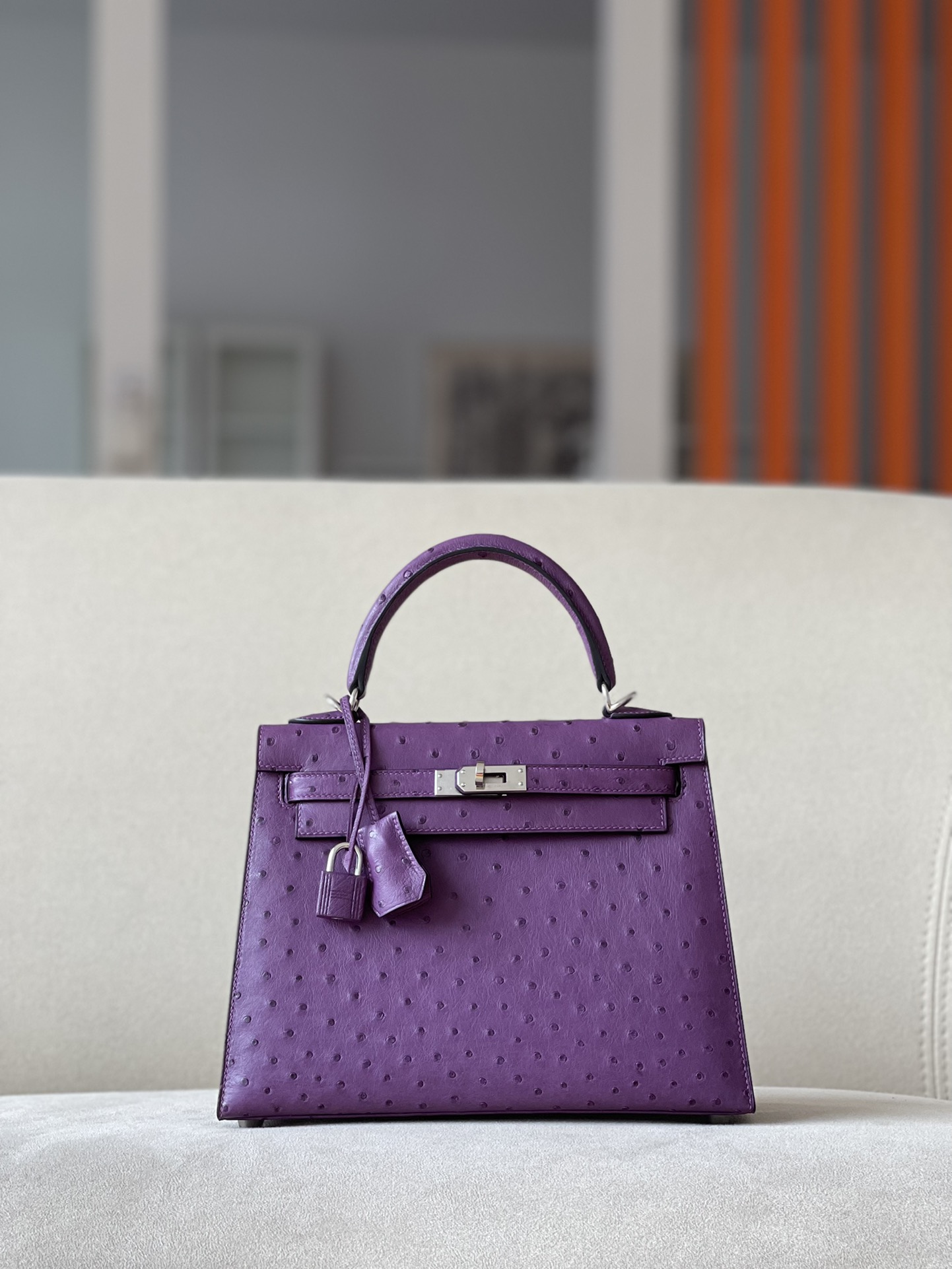 Kelly 25/28/32cm South African KK Ostrich Leather, Premium Fully Handcrafted Exclusive Custom –Anemone Purple
