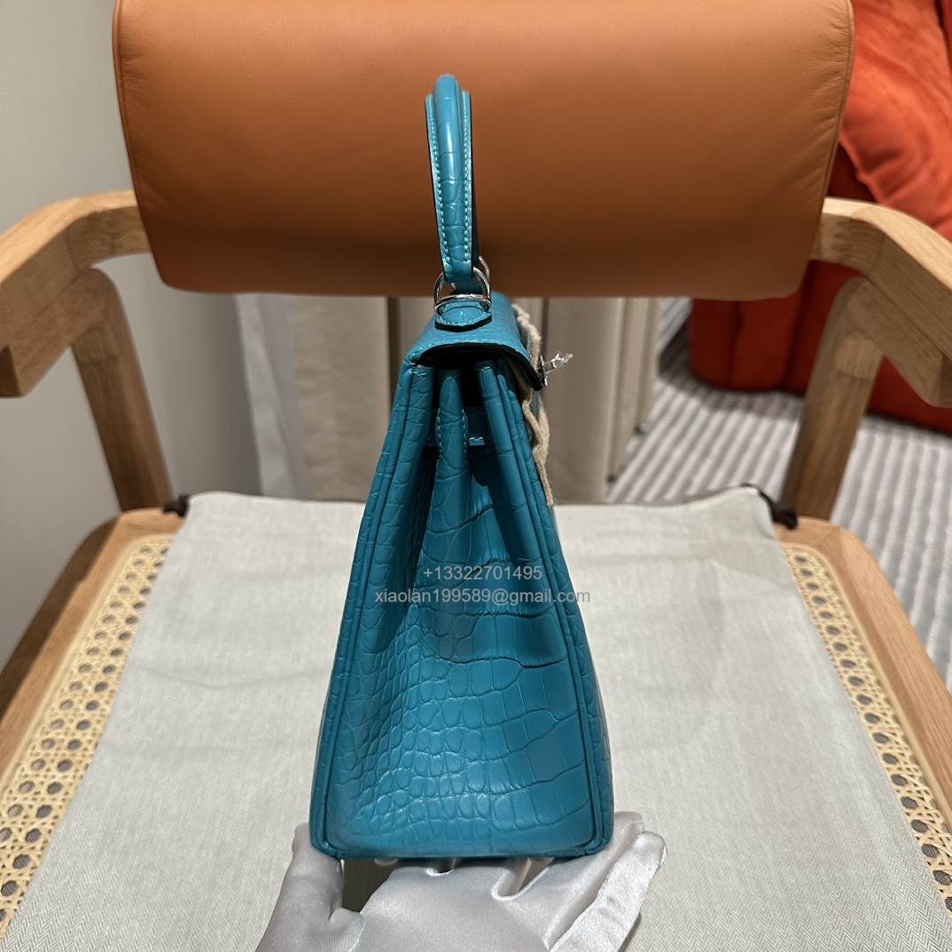Hermès Kelly 25/28/32cm in Crocodile Leather, Fully Handmade Premium Private Customization-7F/Blue Paon