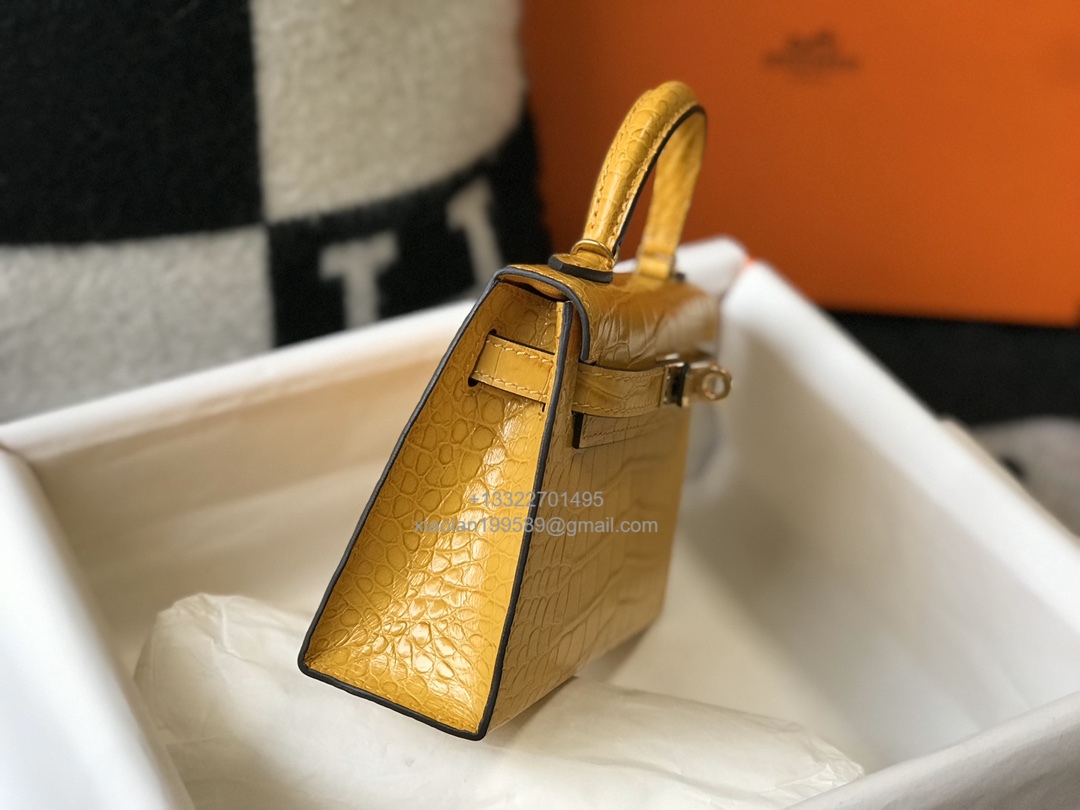 Hermès Mini Kelly in Crocodile Leather, Fully Handmade Premium Private Customization –Amber Yellow