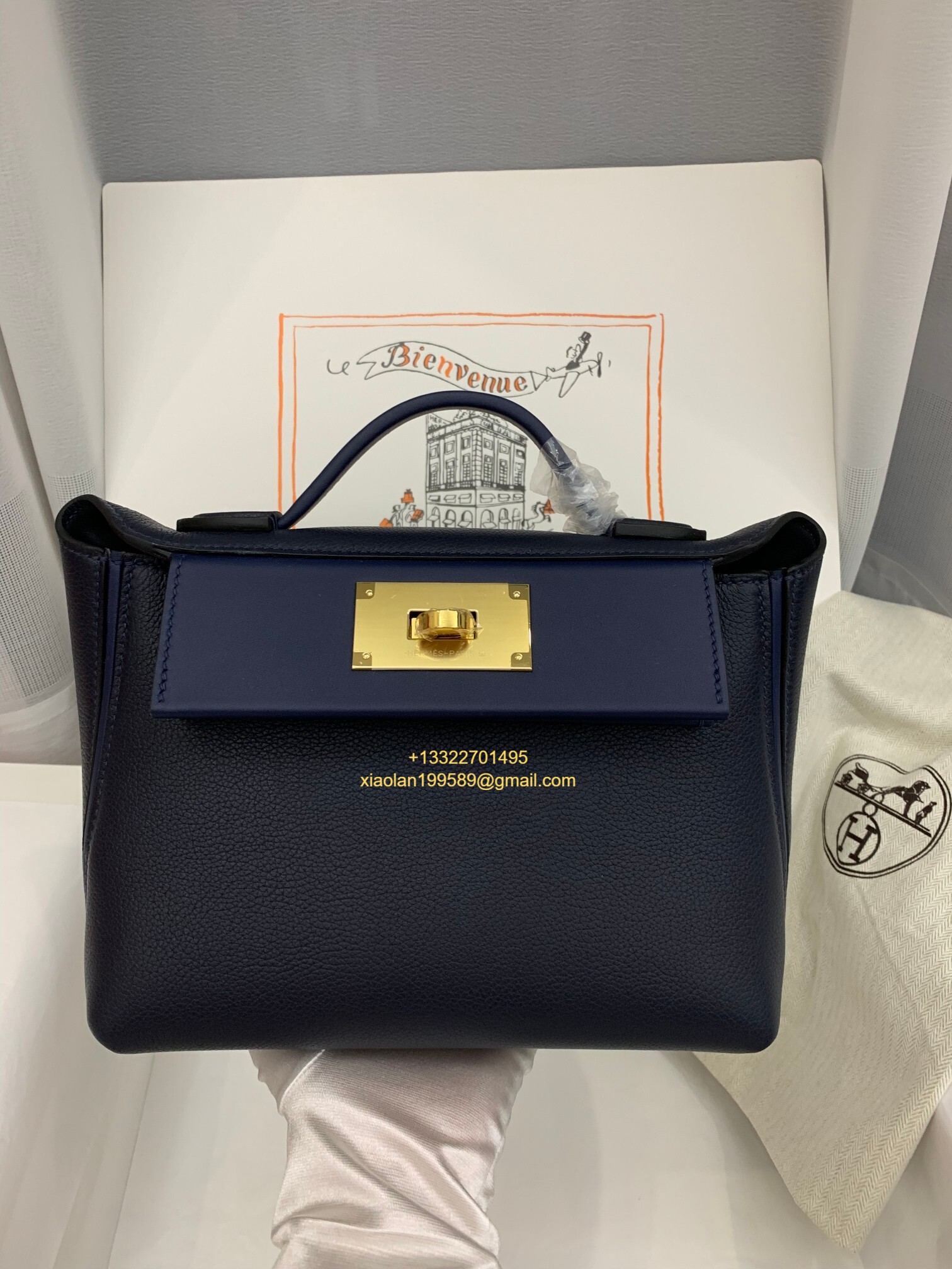 Hermès 24/24 Mini-21 Bag in Midnight Blue Evercolor and Swift leather, top-tier 1:1 purely handcrafted.