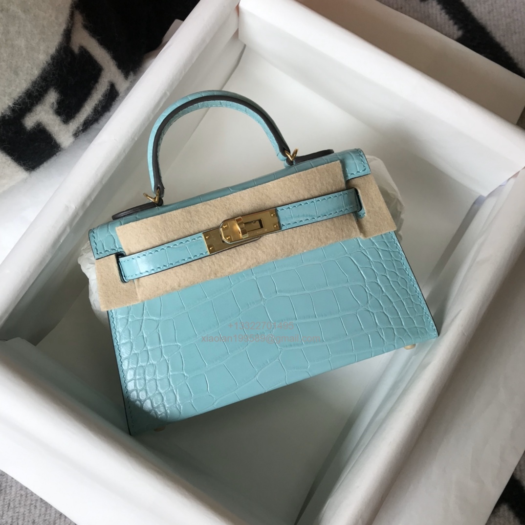 Hermès Mini Kelly in Crocodile Leather, Fully Handmade Premium Private Customization –Macaw Blue
