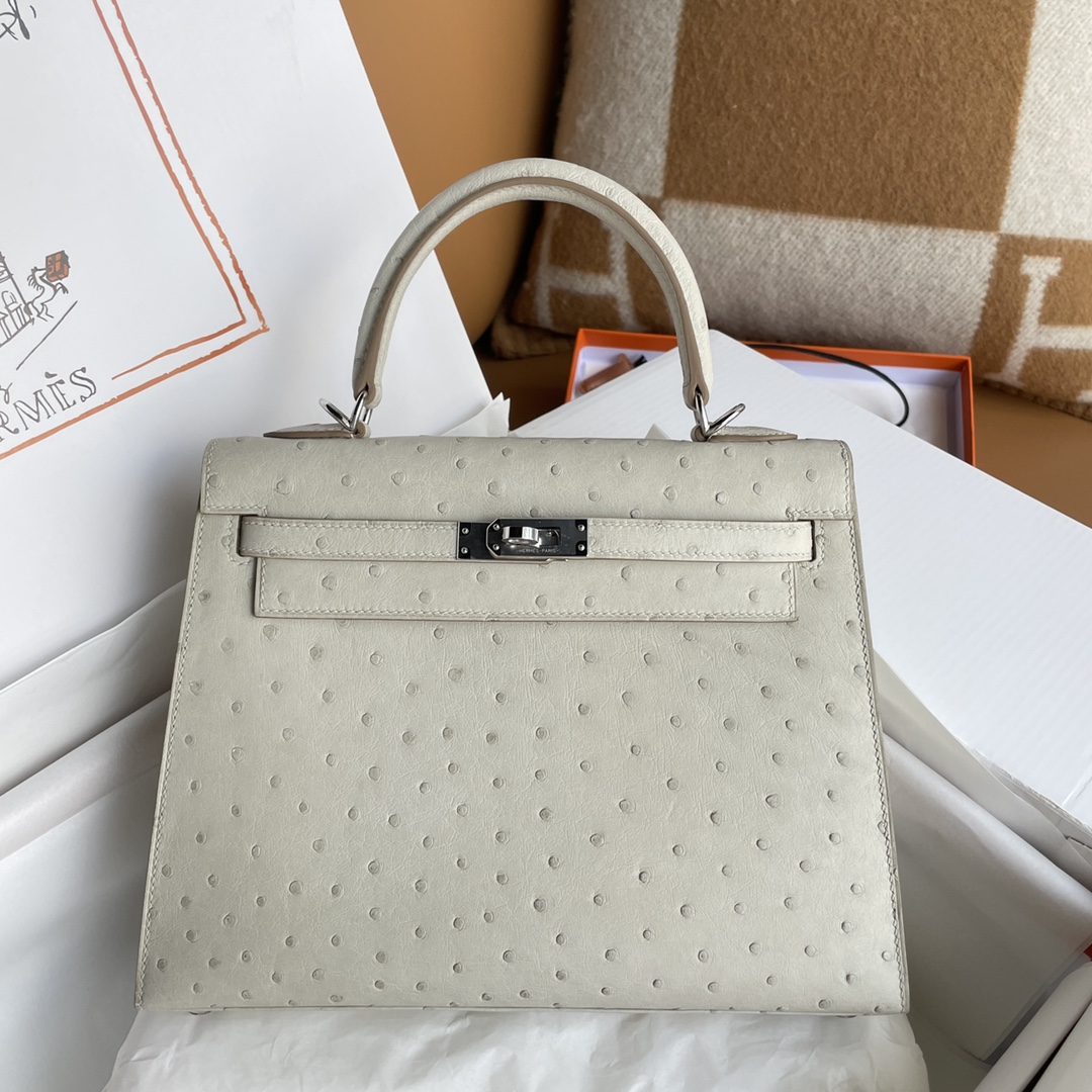 Kelly 25/28/32cm South African KK Ostrich Leather, Premium Fully Handcrafted Exclusive Custom –pearl-gray