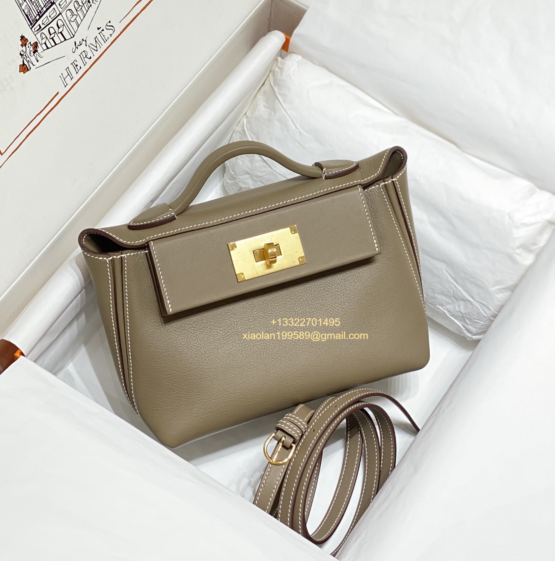 Hermès 24/24 Mini-21 Bag in Etoupe Grey Evercolor and Swift leather, top-tier 1:1 purely handcrafted.