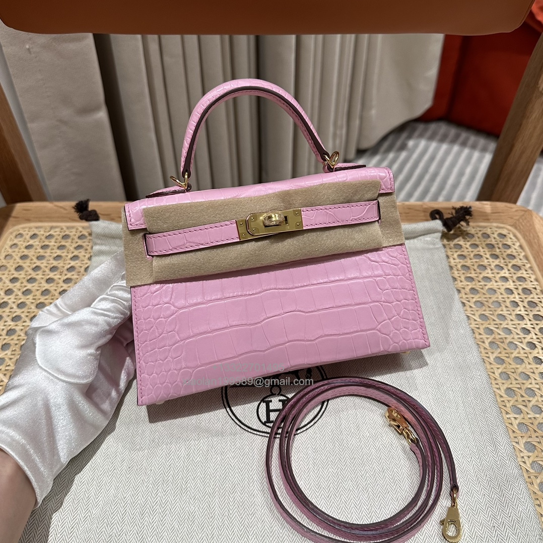 Hermès Mini Kelly in Crocodile Leather, Fully Handmade Premium Private Customization –Sakura Pink
