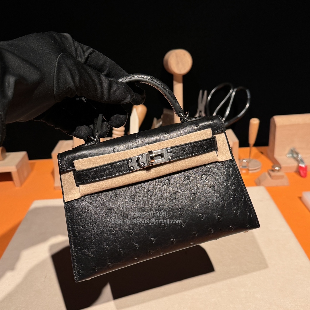 Hermès Mini Kelly Sellier II 20 in Ostrich Leather  Black